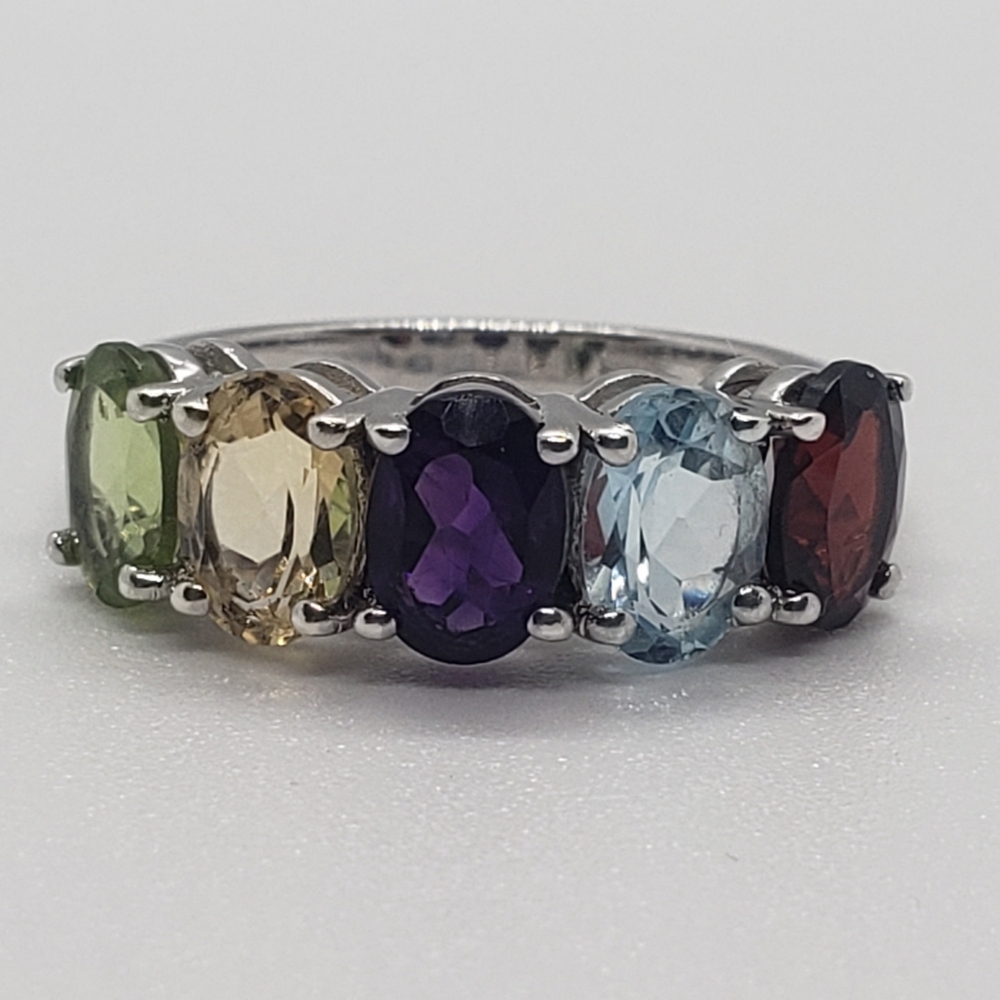 Solid Sterling Silver Multi Gemstone 5 Stone Ring - image 1